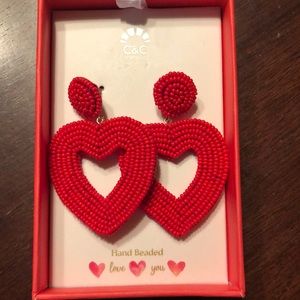 C&C California hand beaded red heart earrings